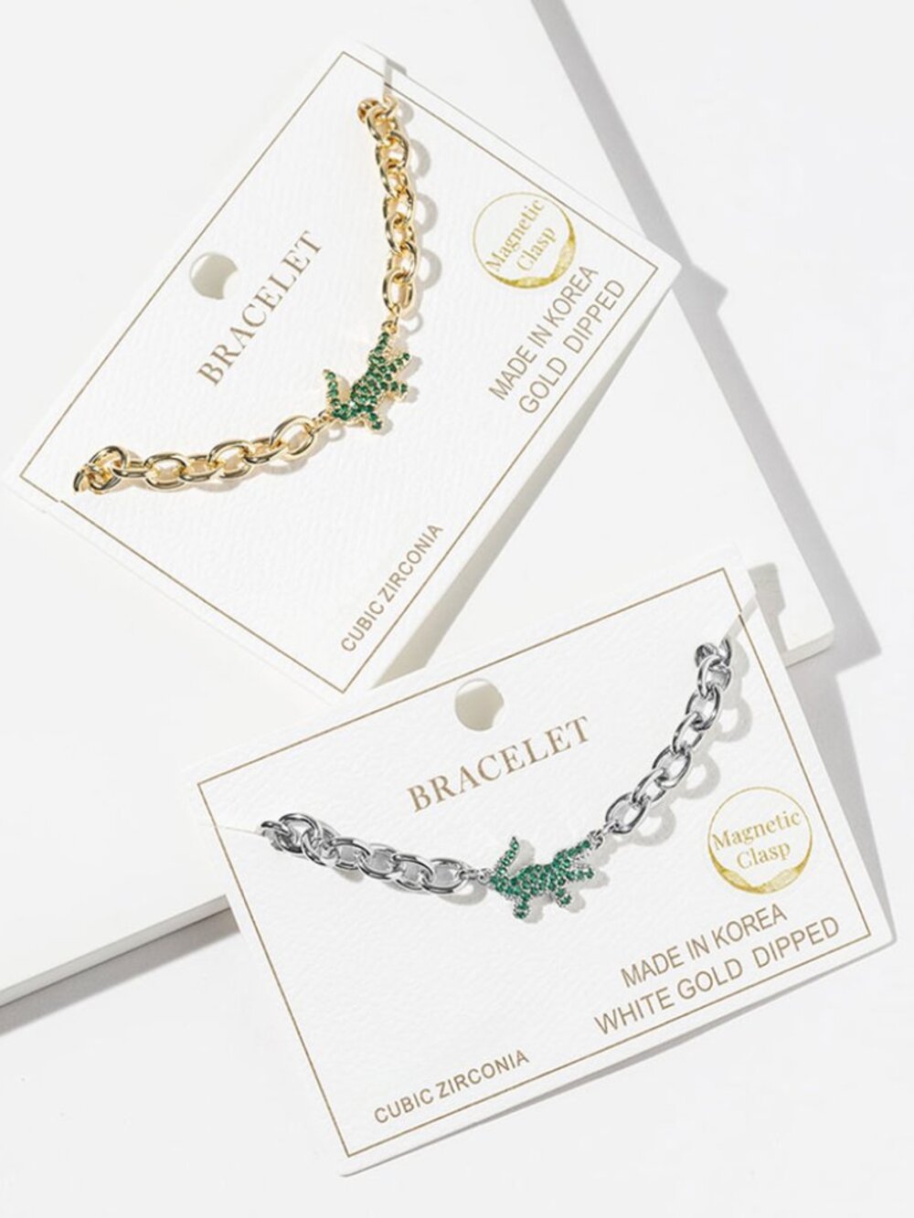 Gold Dipped CZ Pave Alligator Crocodile Gator Charm Link Chain Magnetic Bracelet